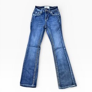 T&Y Fashion Womens Bootcut Jeans Size 00 Cross Bling Rhinestones Flap Pocket Y2K